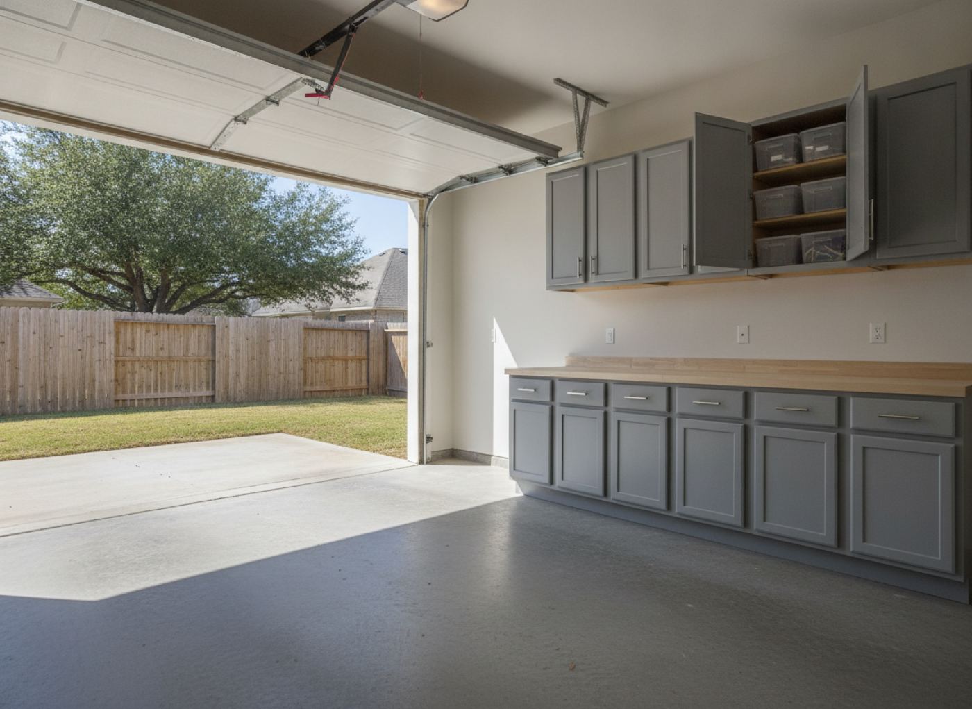 Painted gray garage wall cabinets in an attached two-car garage of a Dallas-area brick home